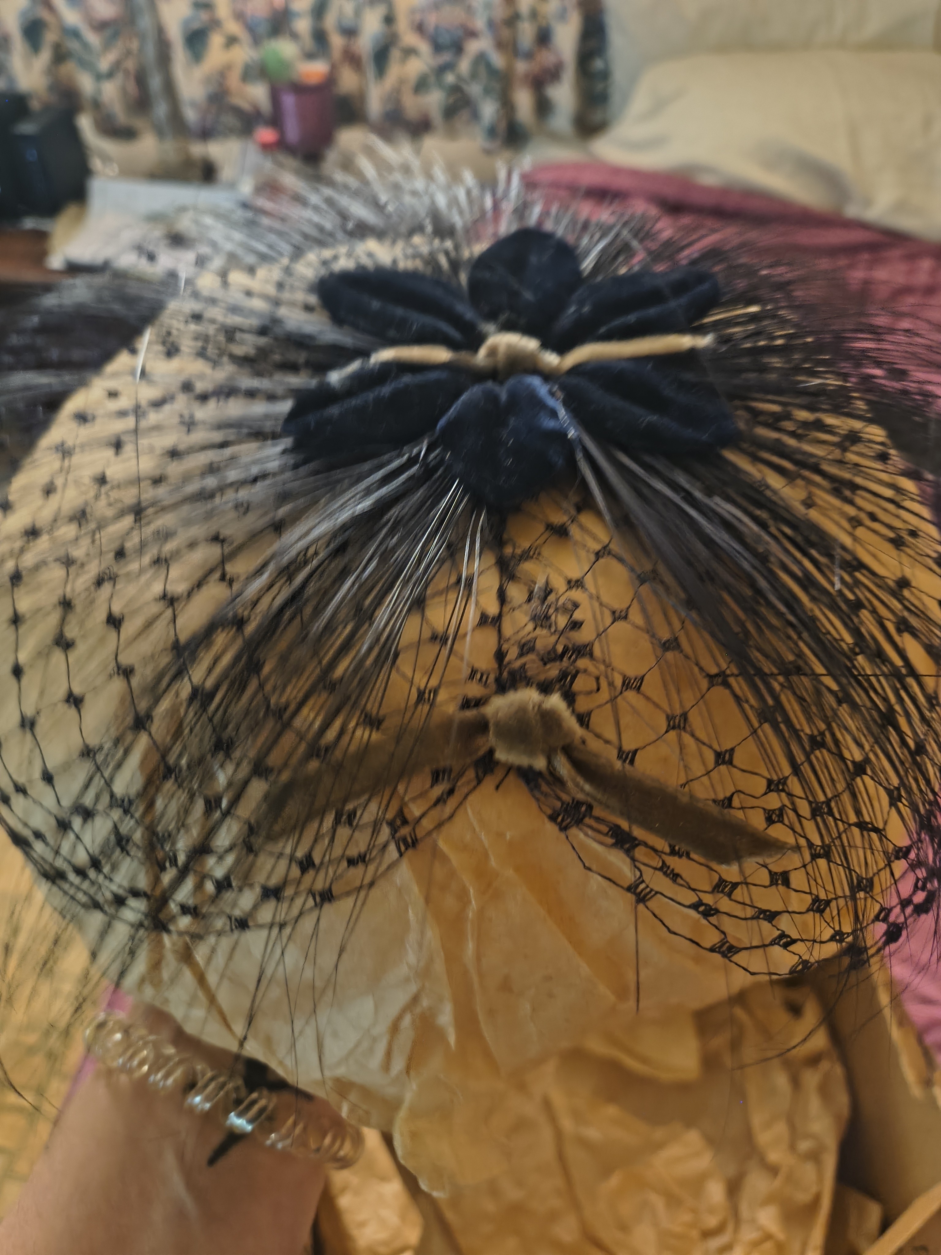 Vintage 1967 Marshall Black Velvet Flower Veiled Fascinator Hat